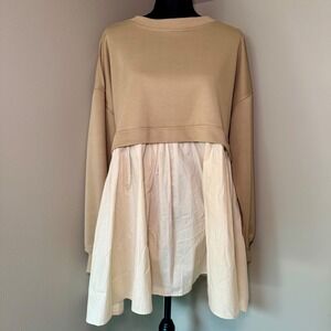 Idem Ditto Womens Mixed Media Sweatshirt Mini Dress Tan Cream Size M NEW